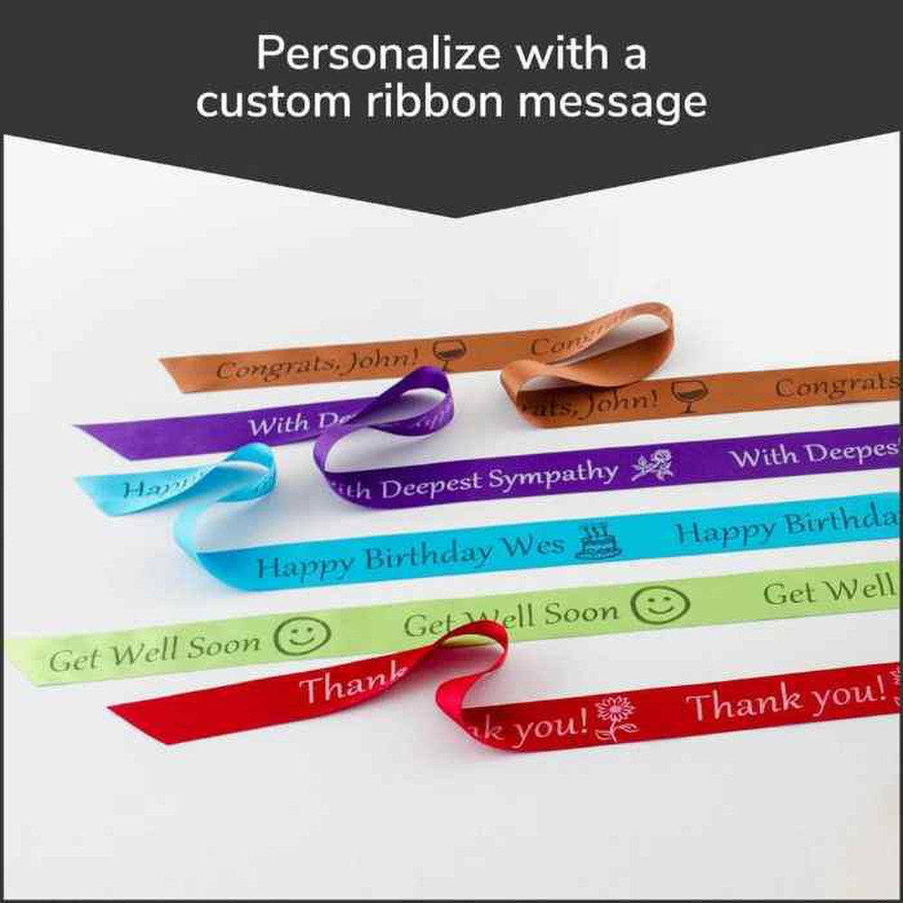 red, blue, purple, and brown ribbon with custom text message